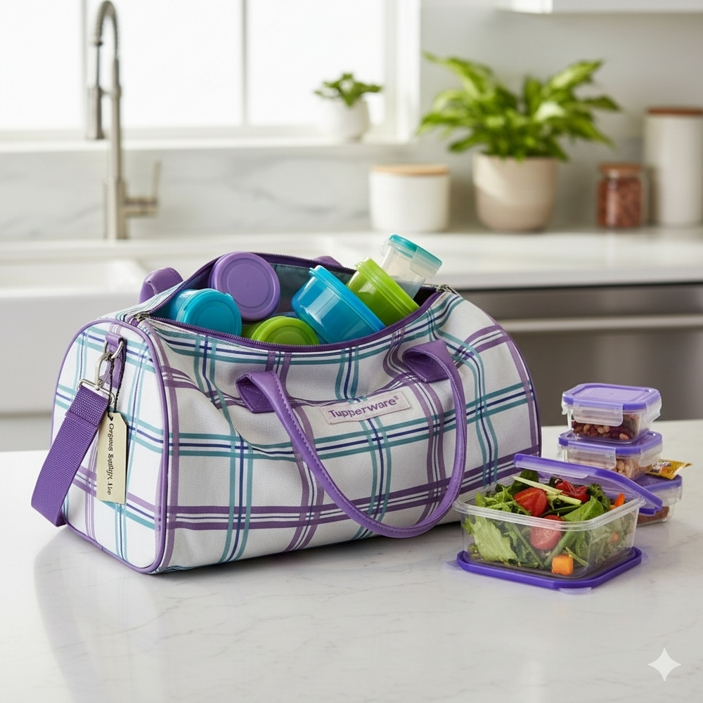 Tupperware lunch cooler tote bag in a white, purple, and teal plaid pattern